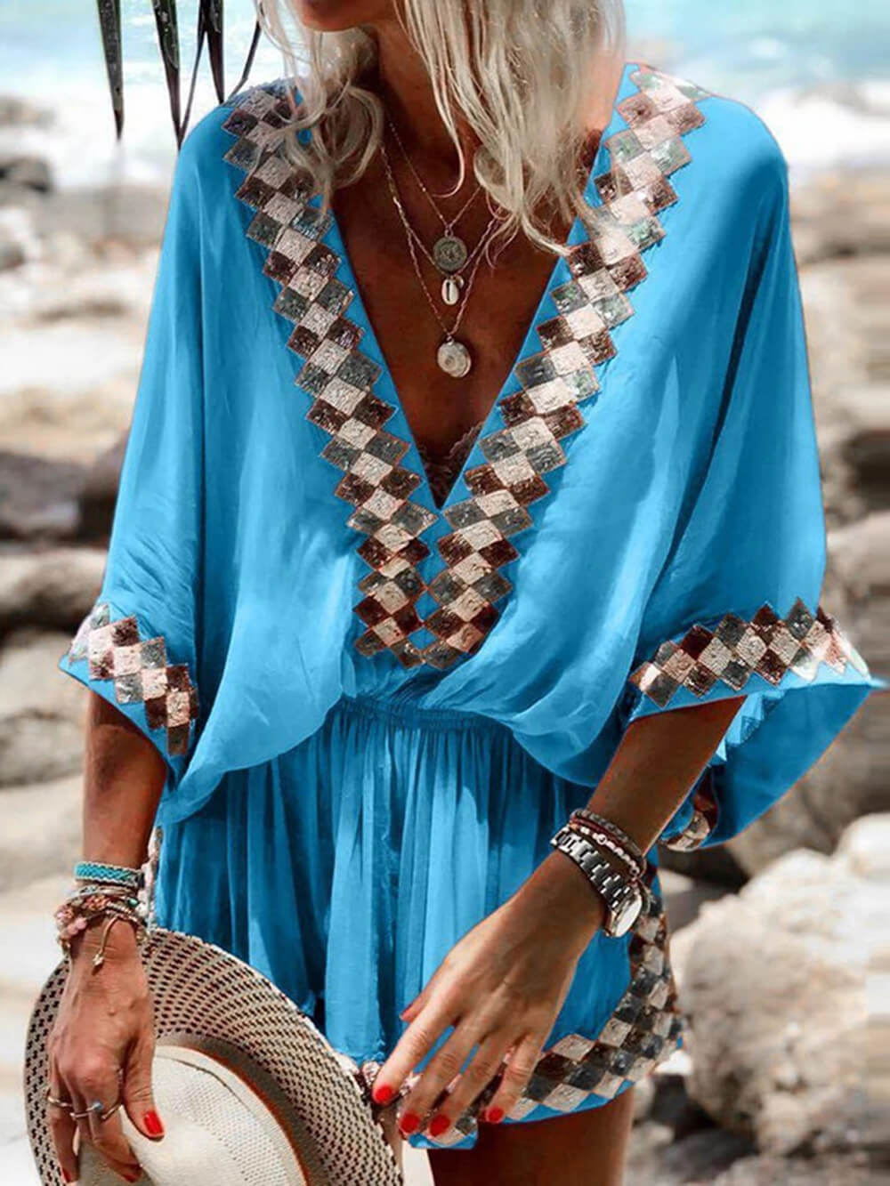 Bohemian Beach Print Kimono Romper Blue Dresses
