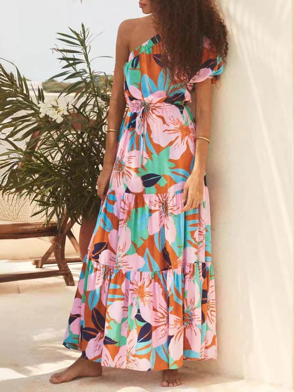 Off-Shoulder Palm Leaf Print Holiday Style Floral Dress Dresses