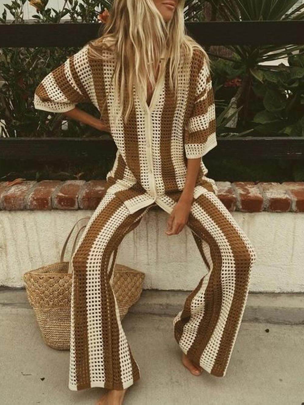 Loose V-Neck Fashion Hollow Out Striped Shirt Wide Leg Pants Set Dresses