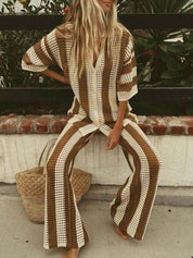 Loose V-Neck Fashion Hollow Out Striped Shirt Wide Leg Pants Set Dresses
