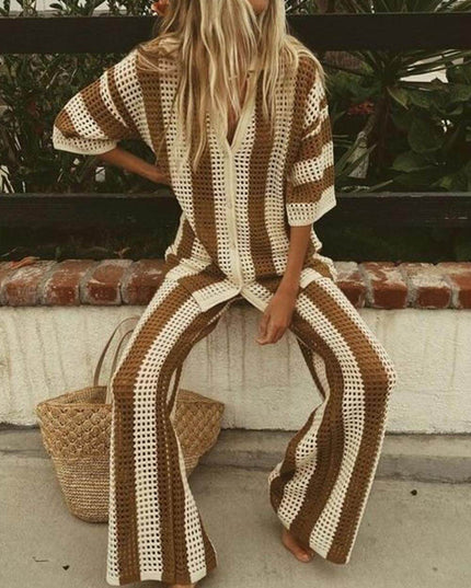 Loose V-Neck Fashion Hollow Out Striped Shirt Wide Leg Pants Set Dresses