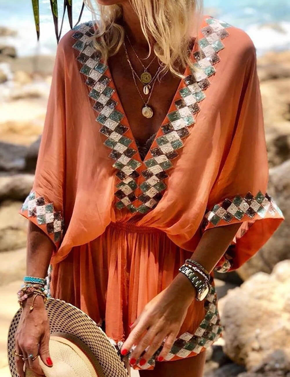 Bohemian Beach Print Kimono Romper Orange Dresses