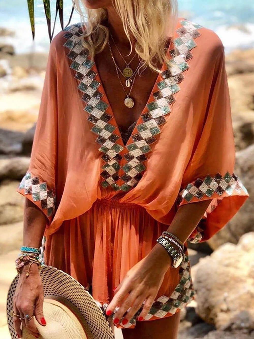 Bohemian Beach Print Kimono Romper Orange Dresses