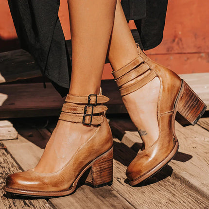 Comfortable and Elegant Thick-heeled Shoes Brown Woman Shoes