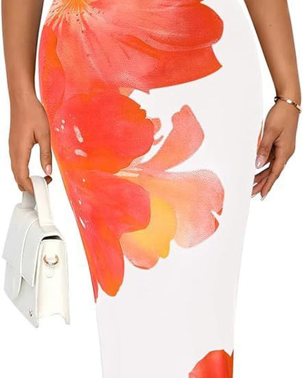 Women's Slim-Fit Floral Print Dress Orange Dress