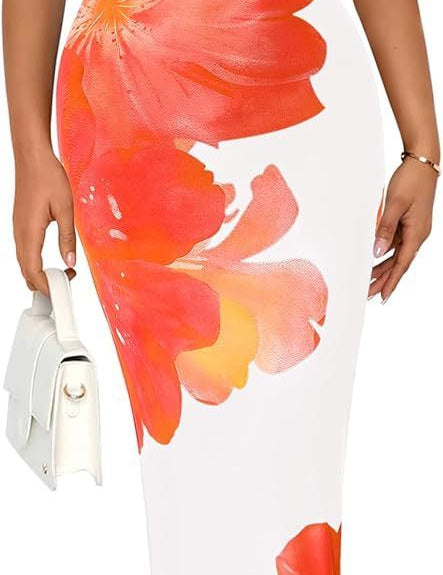 Women's Slim-Fit Floral Print Dress Orange Dress