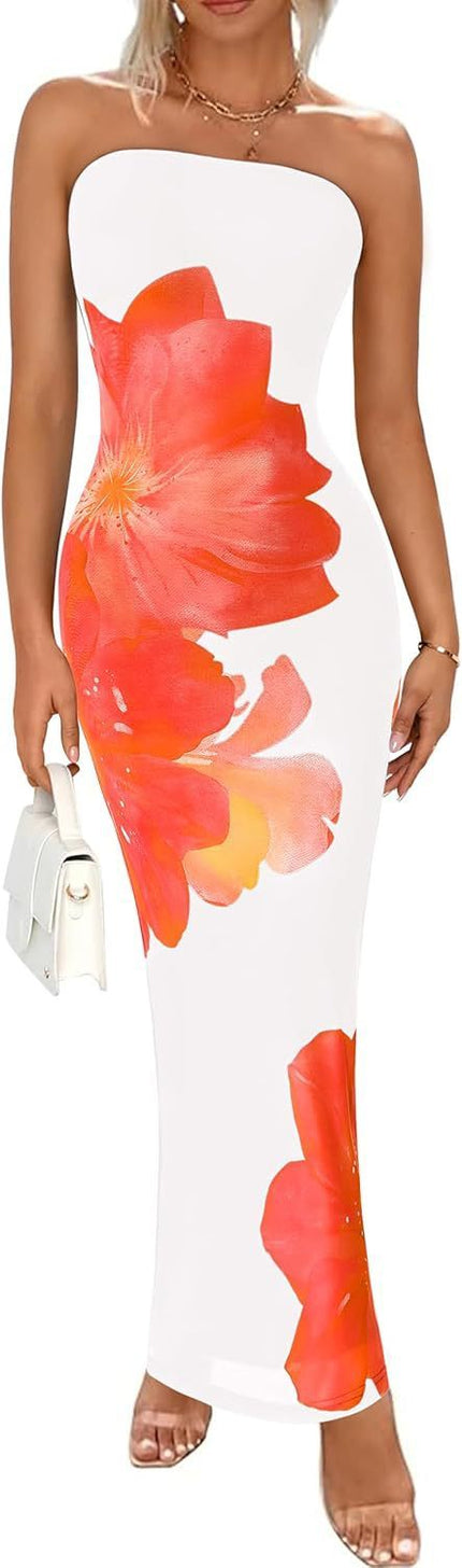Women's Slim-Fit Floral Print Dress Orange Dress