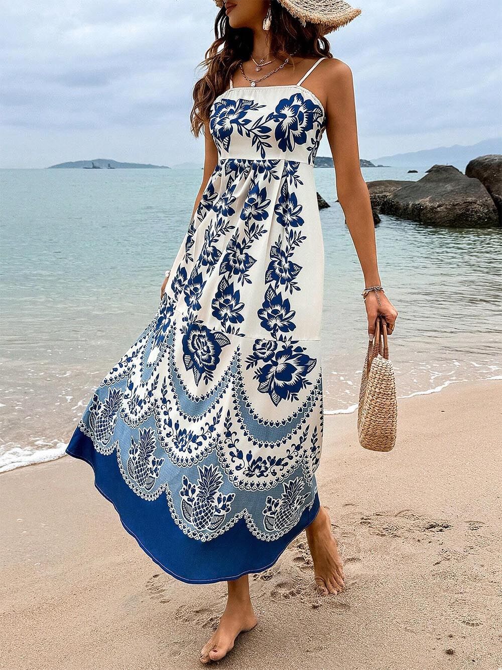 Ethnic Floral Print Back Smocked Loose Midi Dress Dresses