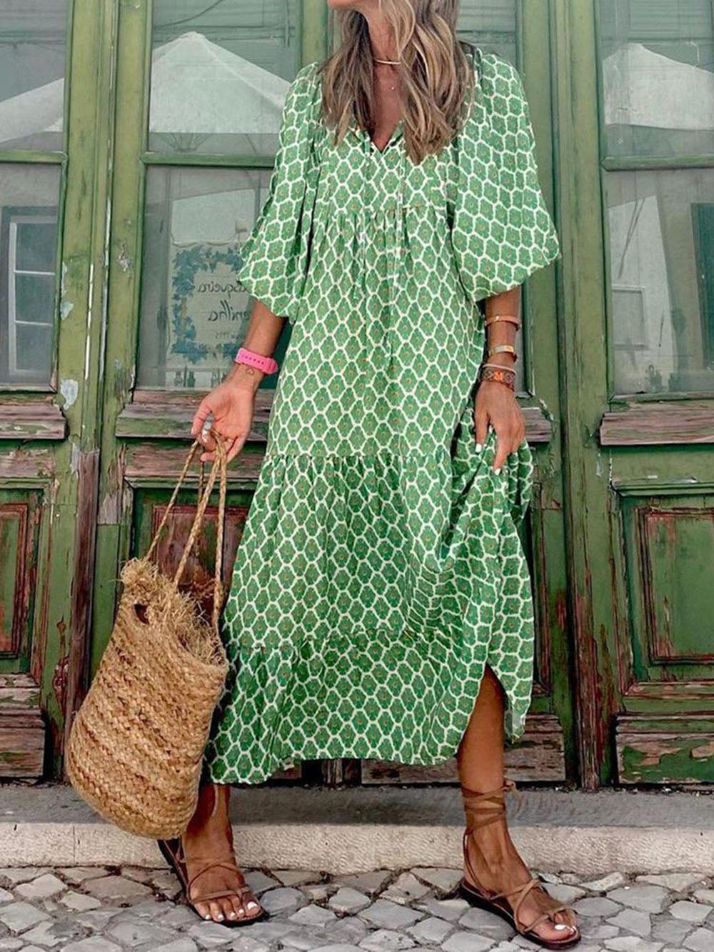 Boho Printed V‑Neck Maxi Dress Dresses