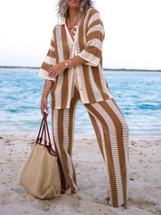 Loose V-Neck Fashion Hollow Out Striped Shirt Wide Leg Pants Set Dresses