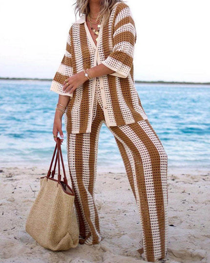 Loose V-Neck Fashion Hollow Out Striped Shirt Wide Leg Pants Set Dresses