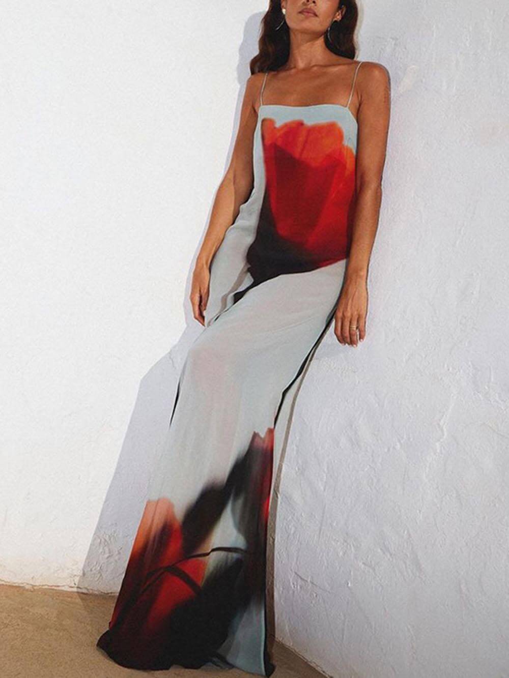 Abstract Tulip Print Vacation Slip H-Line Maxi Dress Dresses