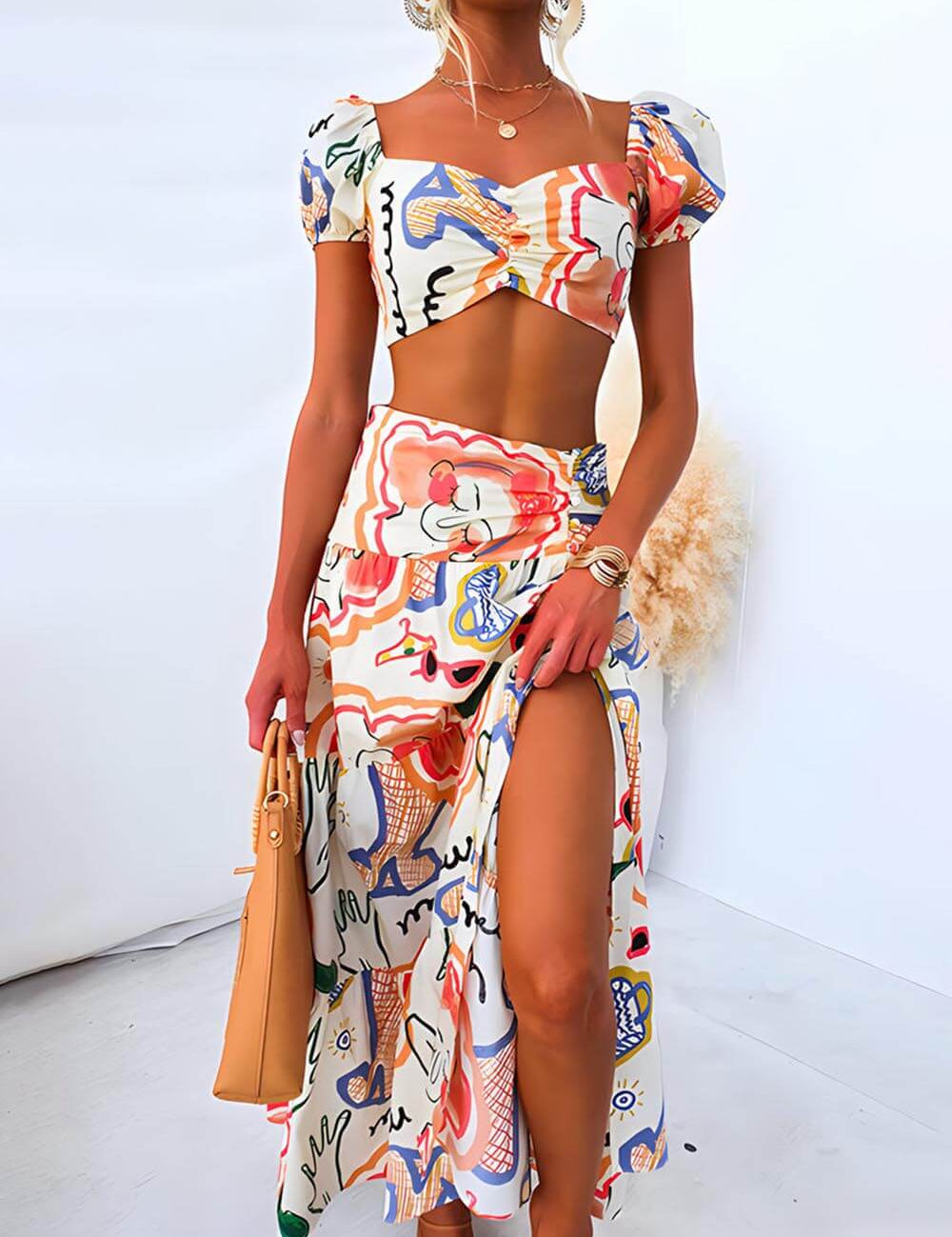 Wrap Summer Skirt And Printed Top Two-Piece Suit Multicolor Dresses