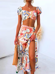 Wrap Summer Skirt And Printed Top Two-Piece Suit Multicolor Dresses
