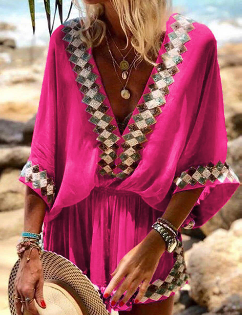 Bohemian Beach Print Kimono Romper Pink Dresses
