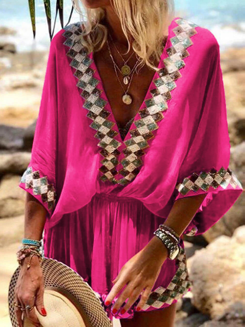 Bohemian Beach Print Kimono Romper Pink Dresses