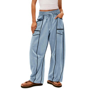 Y2K Striped Wide Leg Pants Women’s Drawstring Trousers Light Blue Women Pants