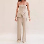 Elegant Women's Tube Top & Wide-Leg Pants Set Apricot Sets