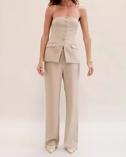 Elegant Women's Tube Top & Wide-Leg Pants Set Apricot Sets
