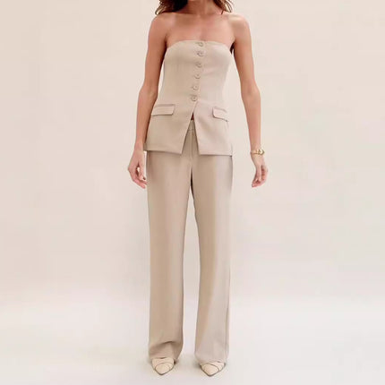 Elegant Women's Tube Top & Wide-Leg Pants Set Apricot Sets