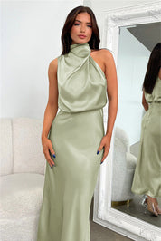 Carlina | Elegant Satin Long Dress with Halter Neckline Dresses