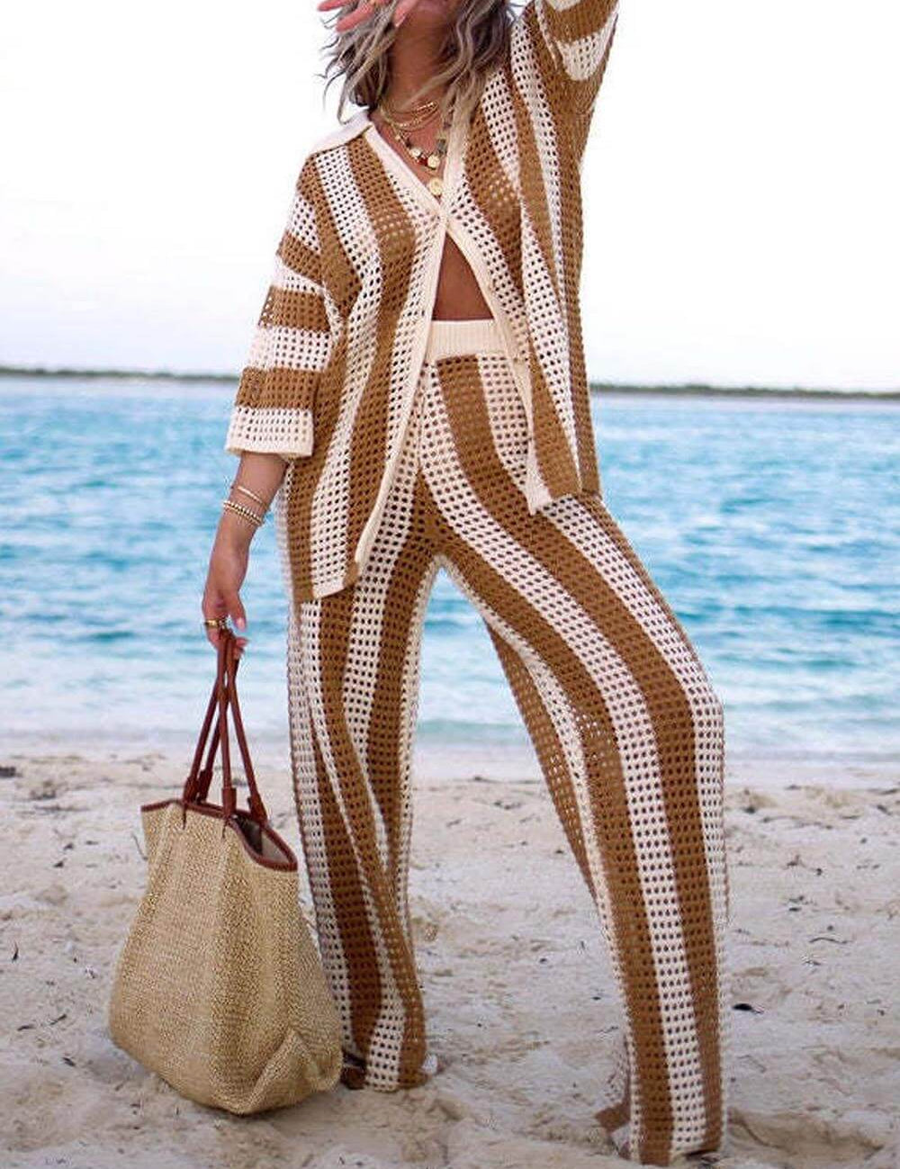 Loose V-Neck Fashion Hollow Out Striped Shirt Wide Leg Pants Set Dresses