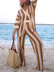 Loose V-Neck Fashion Hollow Out Striped Shirt Wide Leg Pants Set Dresses
