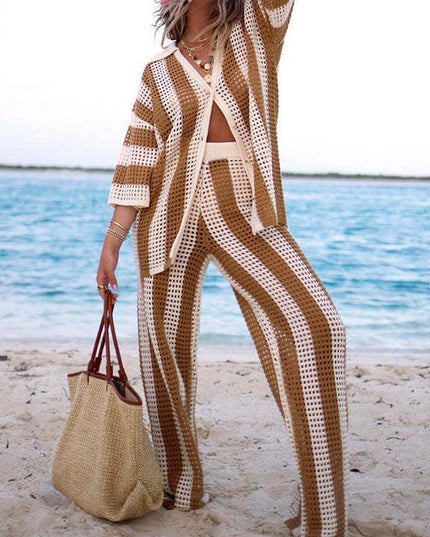 Loose V-Neck Fashion Hollow Out Striped Shirt Wide Leg Pants Set Dresses