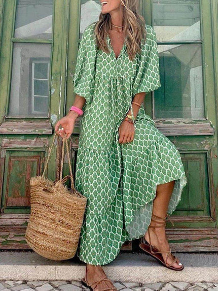 Boho Printed V‑Neck Maxi Dress Light Green Dresses
