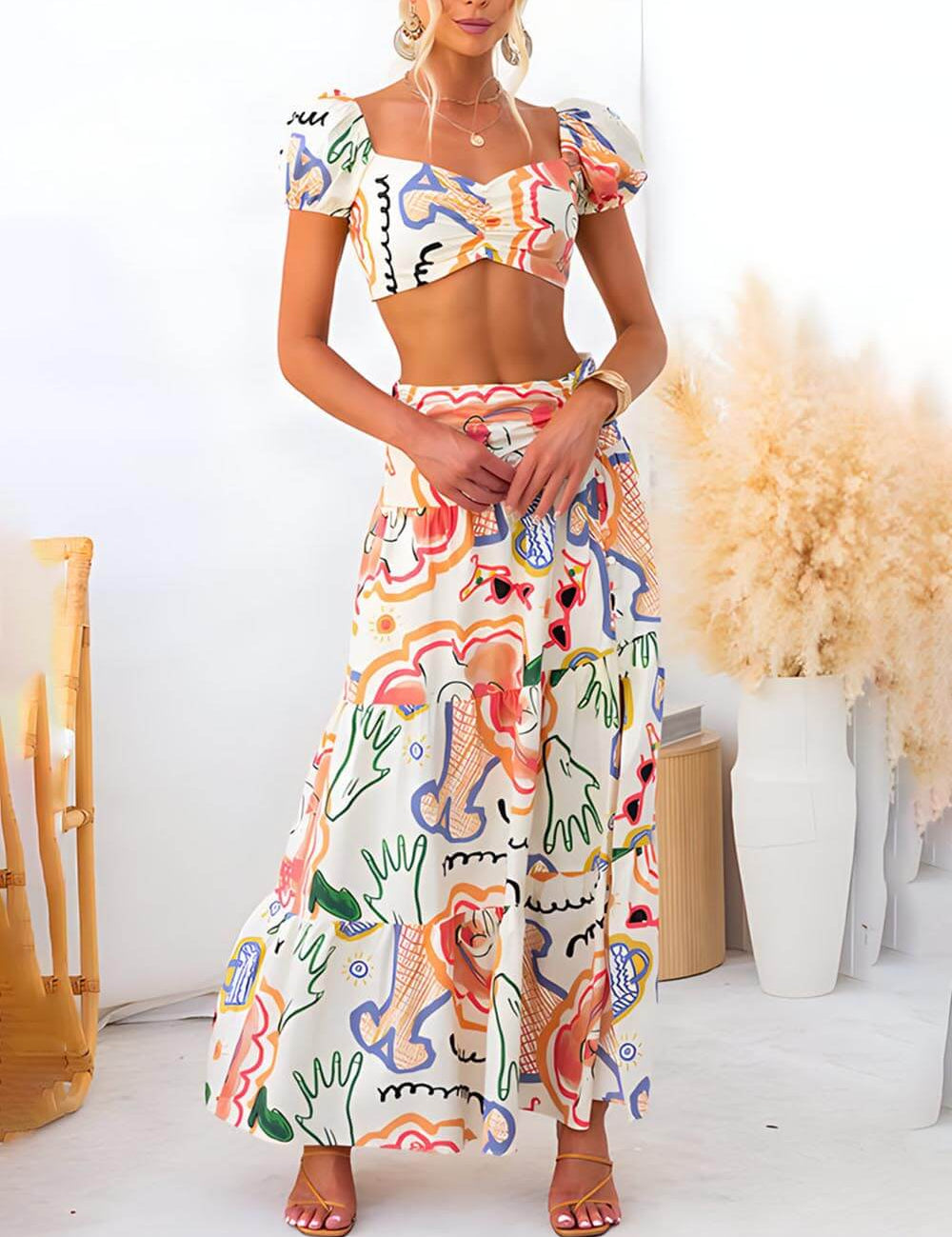 Wrap Summer Skirt And Printed Top Two-Piece Suit Dresses