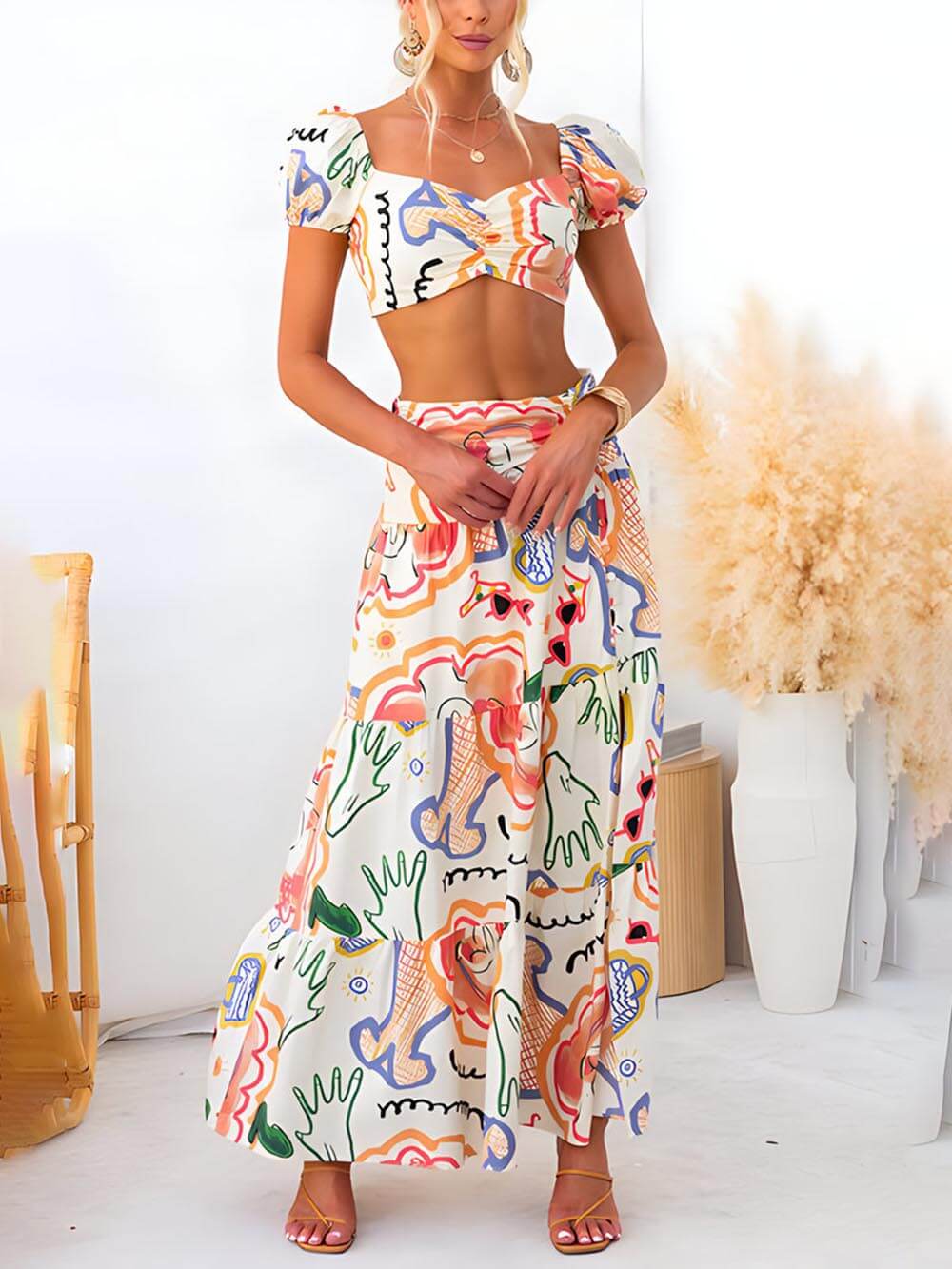 Wrap Summer Skirt And Printed Top Two-Piece Suit Dresses