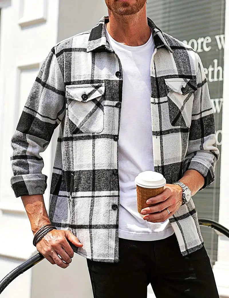 Men's Plaid Loose Cardigan Shirt White-black Cardigan Shirt