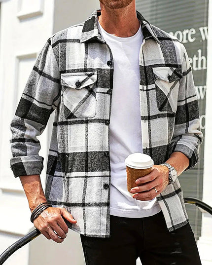 Men's Plaid Loose Cardigan Shirt White-black Cardigan Shirt