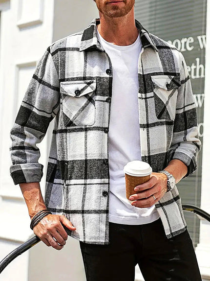 Men's Plaid Loose Cardigan Shirt White-black Cardigan Shirt