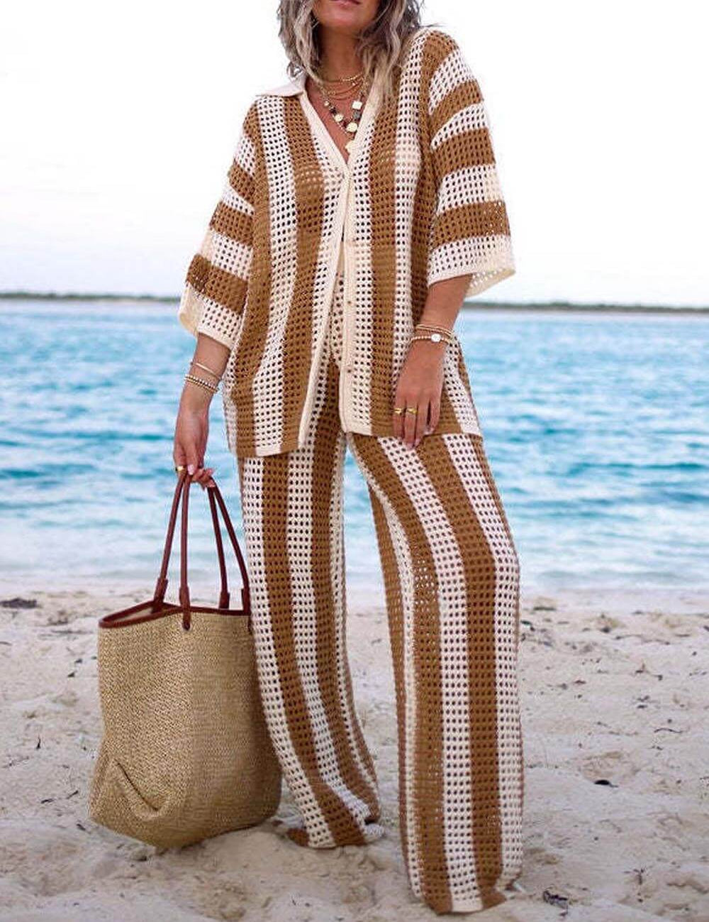 Loose V-Neck Fashion Hollow Out Striped Shirt Wide Leg Pants Set Khaki Dresses