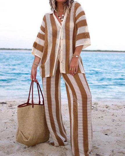 Loose V-Neck Fashion Hollow Out Striped Shirt Wide Leg Pants Set Khaki Dresses