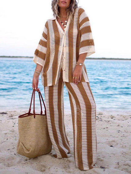Loose V-Neck Fashion Hollow Out Striped Shirt Wide Leg Pants Set Khaki Dresses