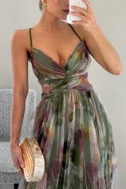 Elegant Printed Lace-Up Maxi Dress Green Dresses