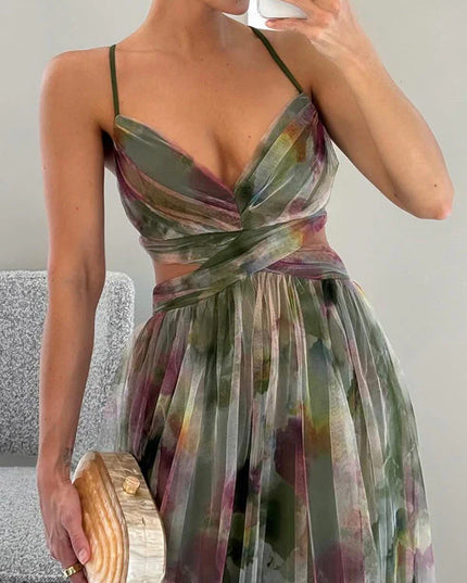 Elegant Printed Lace-Up Maxi Dress Green Dresses