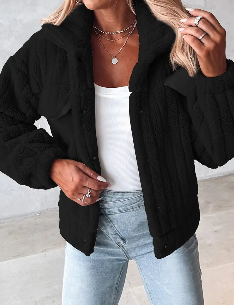 HINA - SOLID SINGLE BREASTED FUZZY COAT Black