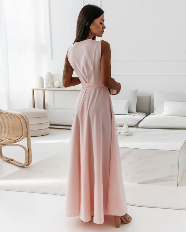Women's V-Neck Sleeveless Belted Maxi Dress Dress