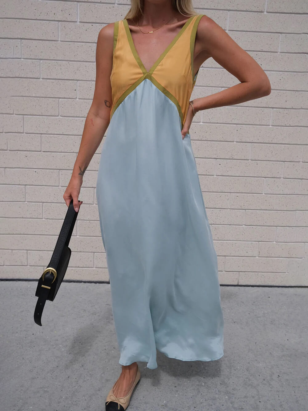 V-neck Contrasting Color Splicing Chic Dress Dresses