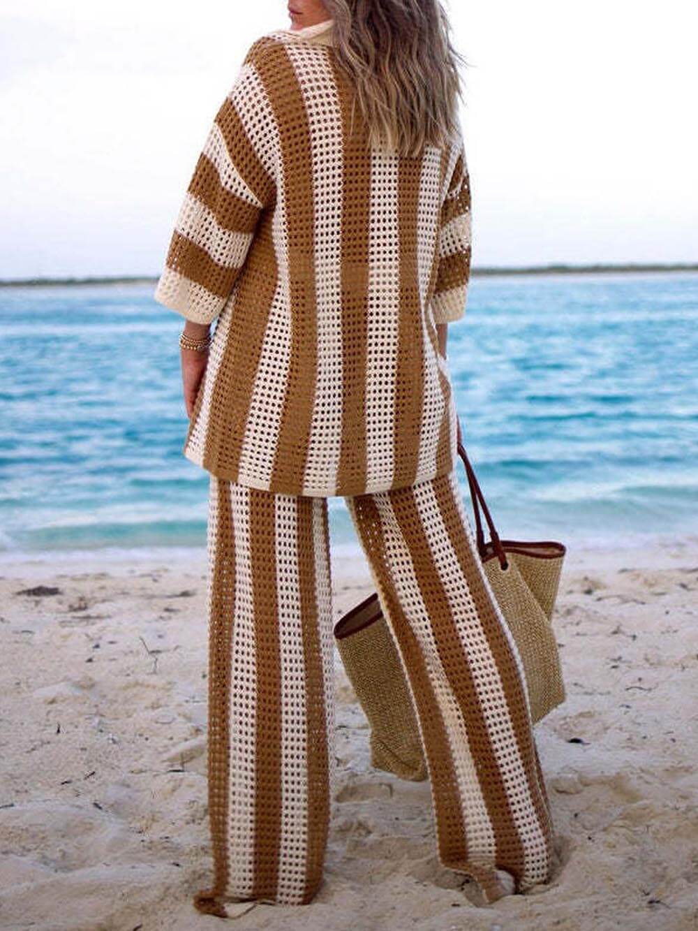 Loose V-Neck Fashion Hollow Out Striped Shirt Wide Leg Pants Set Dresses