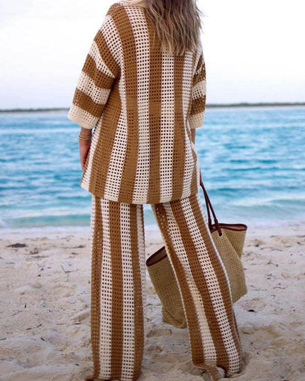 Loose V-Neck Fashion Hollow Out Striped Shirt Wide Leg Pants Set Dresses