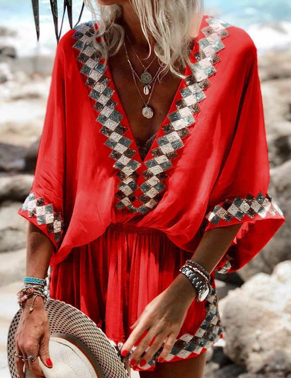 Bohemian Beach Print Kimono Romper Red Dresses