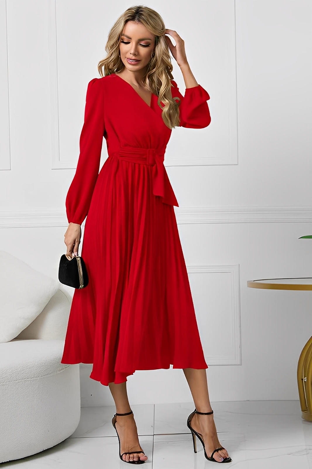 V-Neck Long Sleeve Tie Waist Midi Dress
