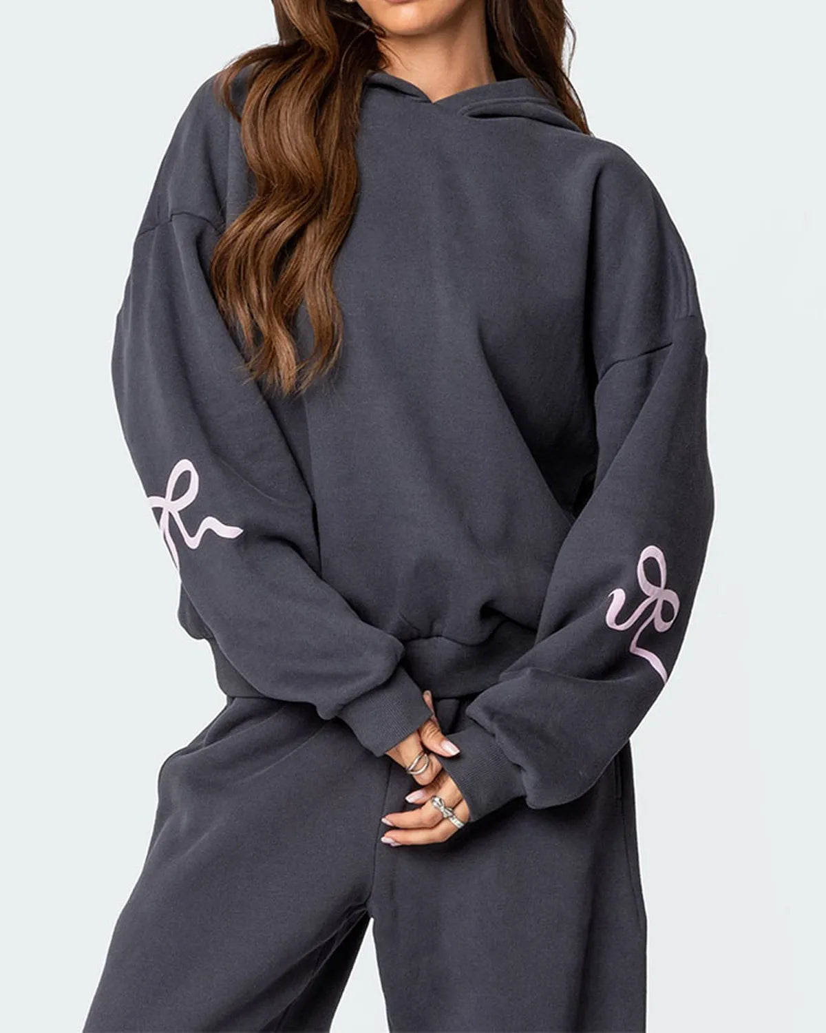 Women’s 2-Piece Bow Print Hoodie & Wide Leg Pants Set Gray Two piece set