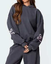 Women’s 2-Piece Bow Print Hoodie & Wide Leg Pants Set Gray Two piece set