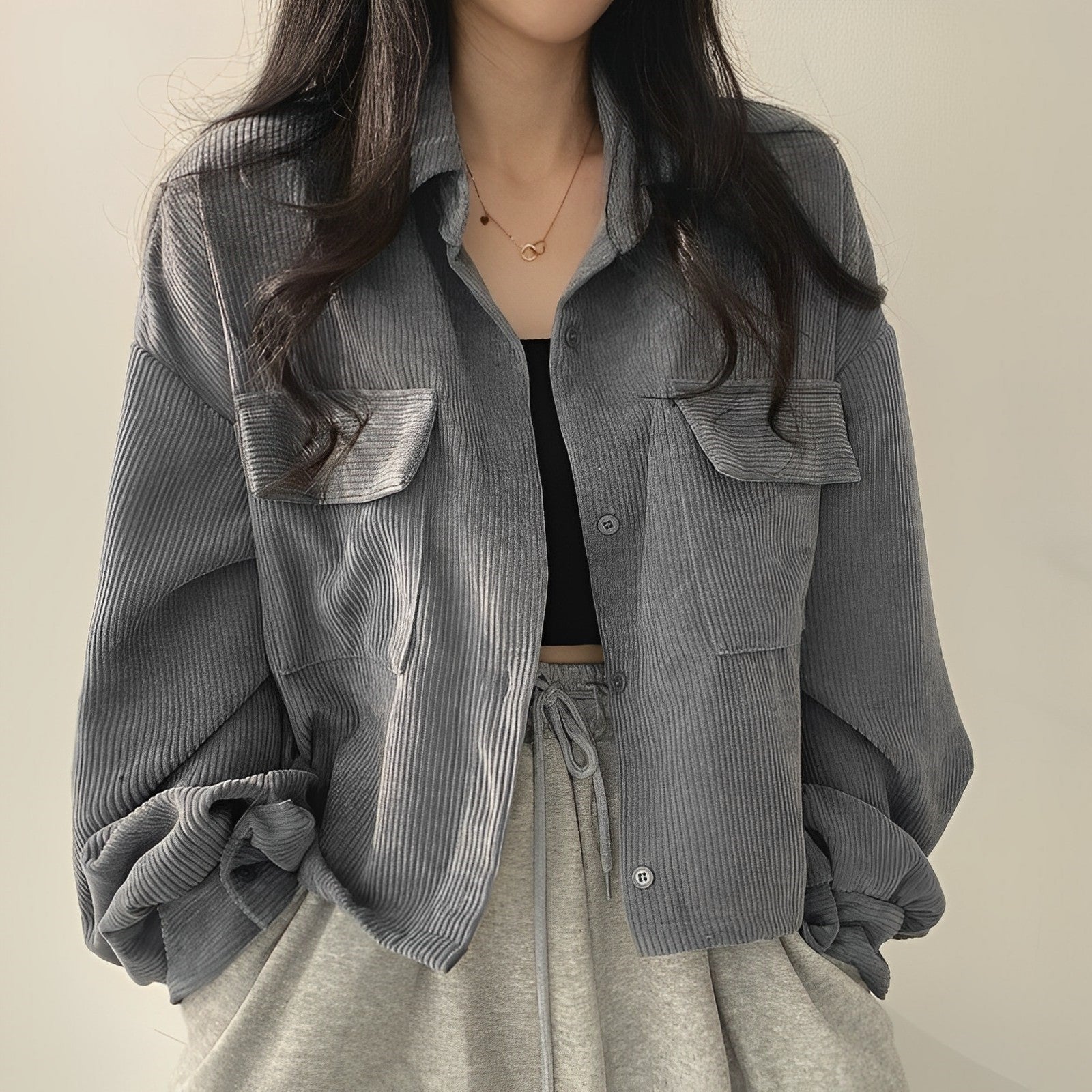Corduroy Drawstring Short Jacket Grey Short Jacket