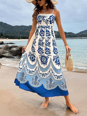 Ethnic Floral Print Back Smocked Loose Midi Dress Dresses